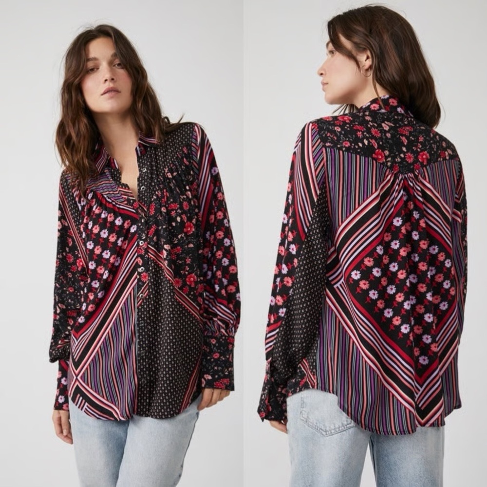 Free People Hazel Stripe Button Front Top, M
